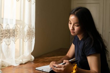 Günbatımında odasında günlüğüne ciddi bir kız not defterine yazı yazıyor. Evde ders çalışan konsantre genç bir kadın.