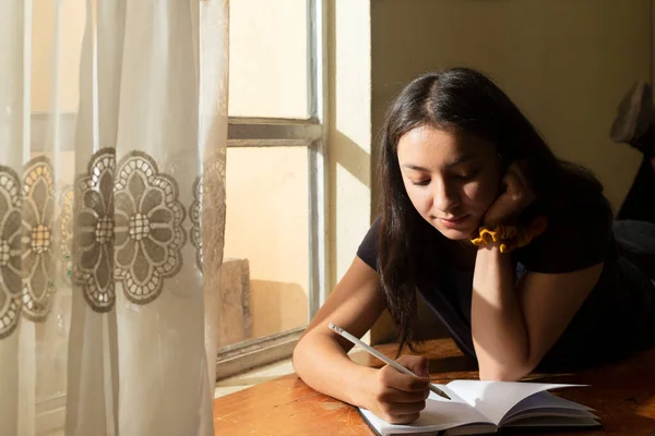 Young Hispanic woman writing in a black notebook, thoughtful girl writing in her journal in her room at sunset. young woman on a cabinet concentrated studying at home.