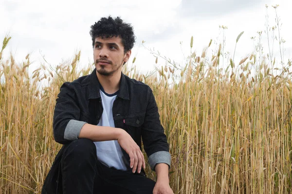 Hispanic young man in a wheat field on a summer afternoon