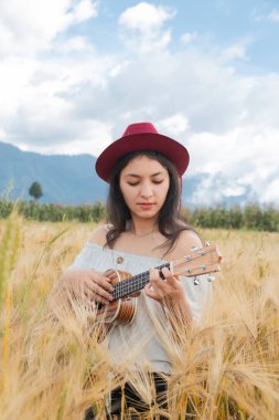 Altın buğday tarlasının ortasında ukulele çalan İspanyol bir kadının portresi - Hippi kadın ukulelesini tutuyor -
