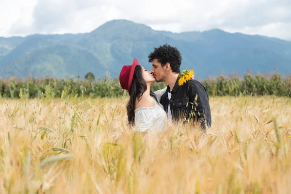 Feliz Casal Hispânico Beijando Meio Campo Trigo Dourado Casal Apaixonado — Fotografia de Stock