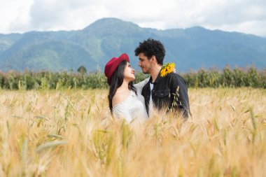 Altın buğday tarlasının ortasında sarılan mutlu İspanyol çift gün batımında tarlanın ortasında romantik vakit geçiriyorlar.