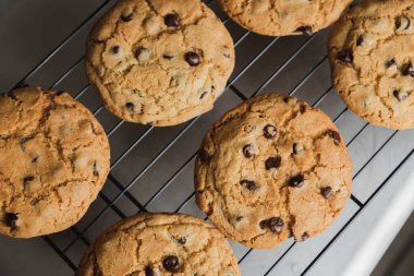 Tel askıda soğuyan lezzetli çikolatalı kurabiyeler. Fırından yeni çıkmış ev yapımı kurabiyeler.
