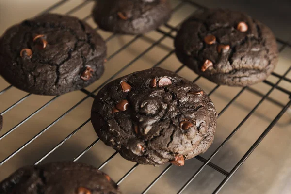 Deliziosi Biscotti Cioccolato Che Raffreddano Una Griglia Filo Biscotti Fatti — Foto Stock