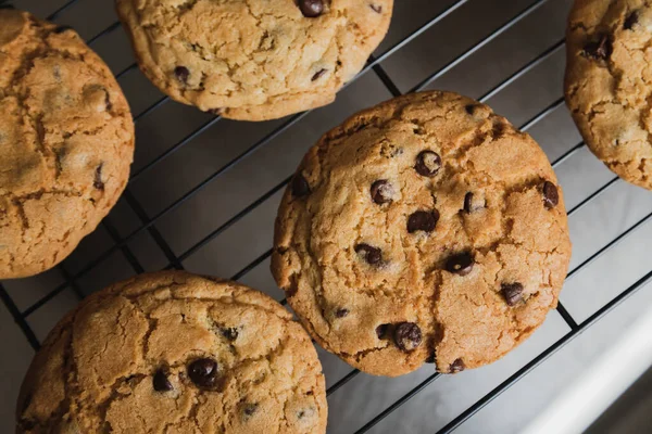 Deliziosi Biscotti Con Gocce Cioccolato Che Raffreddano Sulla Griglia Biscotti — Foto Stock