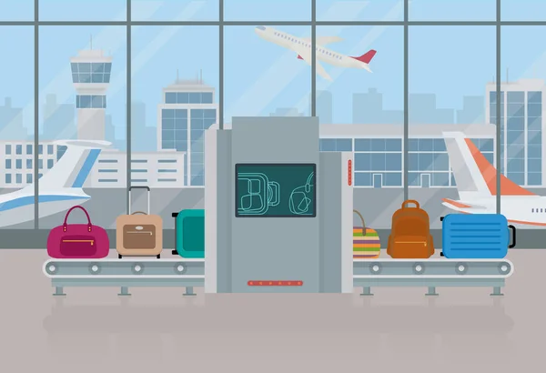 Airport baggage security scanner. Bags and suitcases on baggage conveyor. Vector illustration.