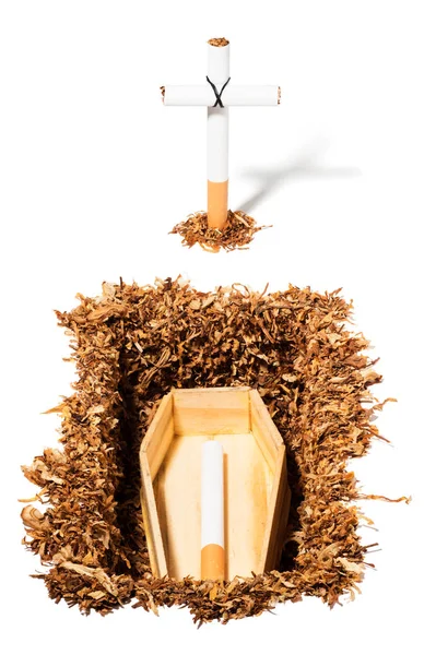 Cigarette Coffin Grave Made Tobacco Sheets Tomb Cross Made Cigarettes — Stock Photo, Image