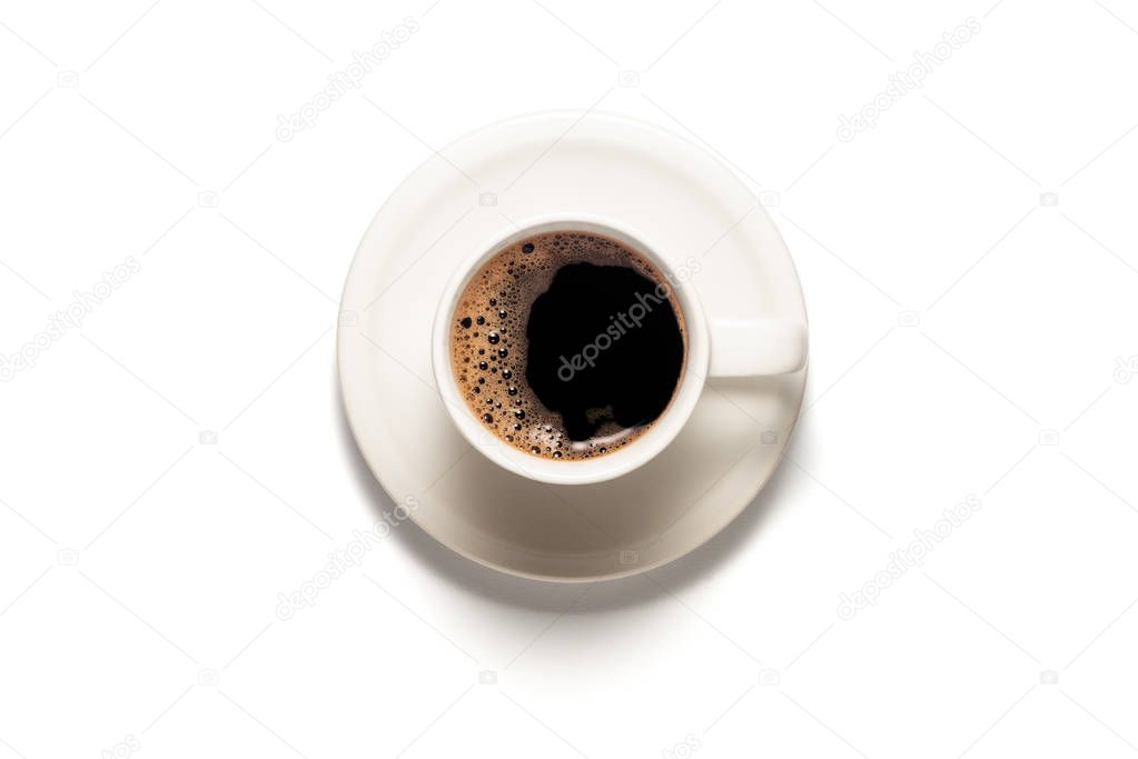 Top View Photo of a Coffee cup and saucer isolated on white background with clipping path and real shadow