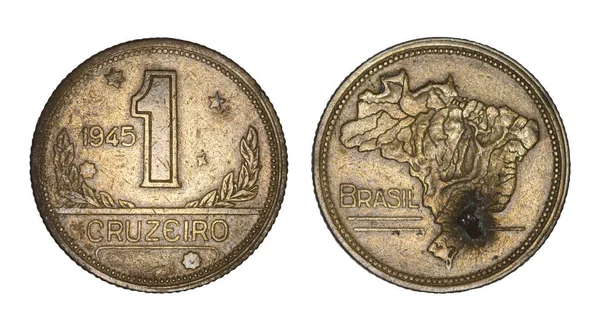 Satu koin tua cruzeiro brazilian (1945), depan dan belakang menghadapi iso — Stok Foto