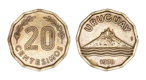 Uruguayan coin 20 twenty centesimos 1978, building on top of hil — Stock Photo, Image