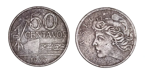 Fifty cruzeiros cents brazilian old coin, front and back faces i — Stock Photo, Image