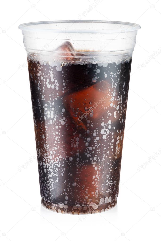 Cola carbonated drink with ice in a plastic cup isolated on whit