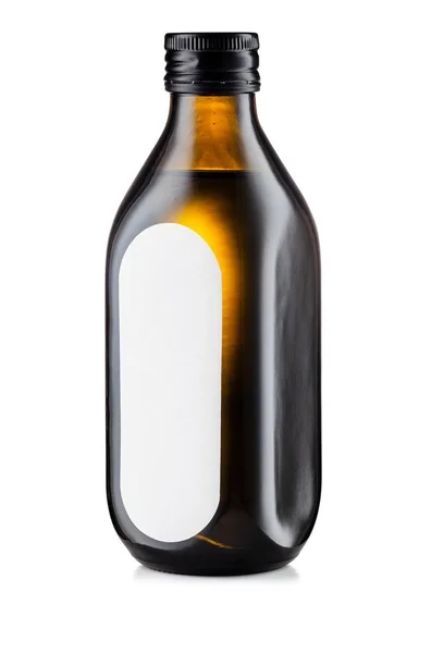 ブラックラベル付きブラウンオリーブオイルボトルは、ホワイトバックグラーに分離 — ストック写真