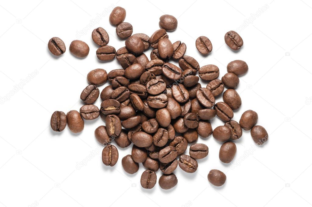 Top View of Roasted Coffee Beans Pile Isolated on White Background With Clipping Path