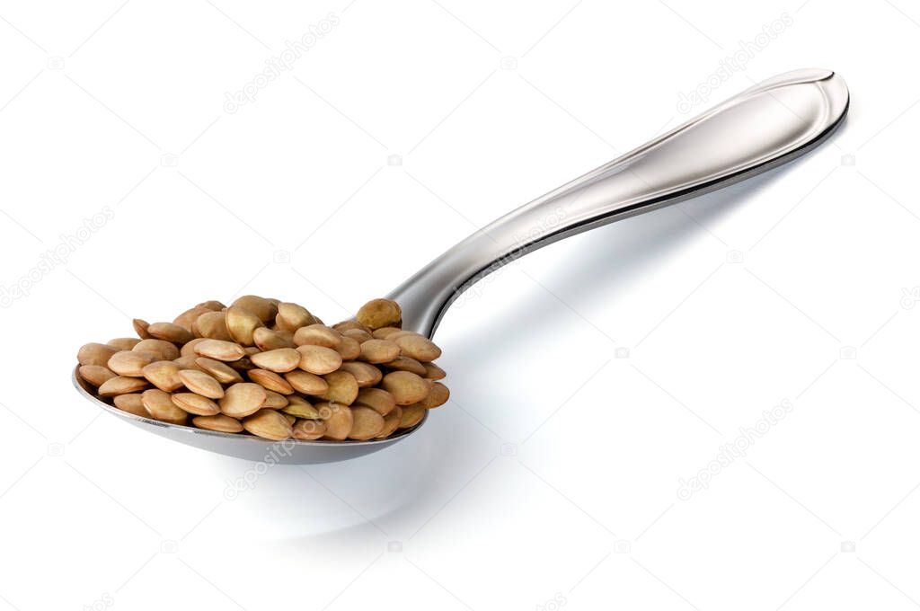 Scoop of Lentil Beans in a Steel Spoon Isolated on White Background With Clipping Path