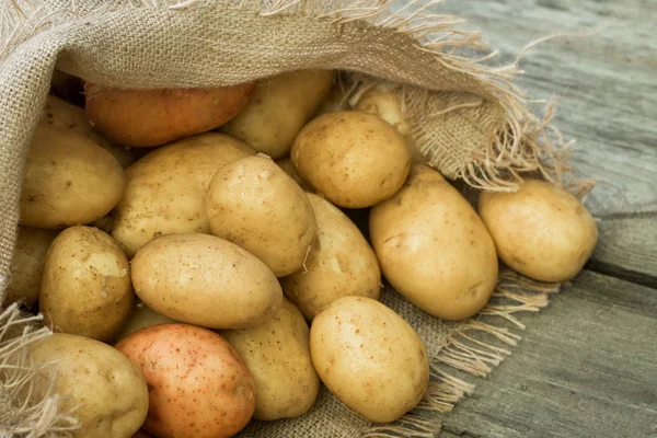 Nahaufnahme Eines Haufens Junger Gelber Kartoffeln Einem Sacktuch Auf Einem — Stockfoto