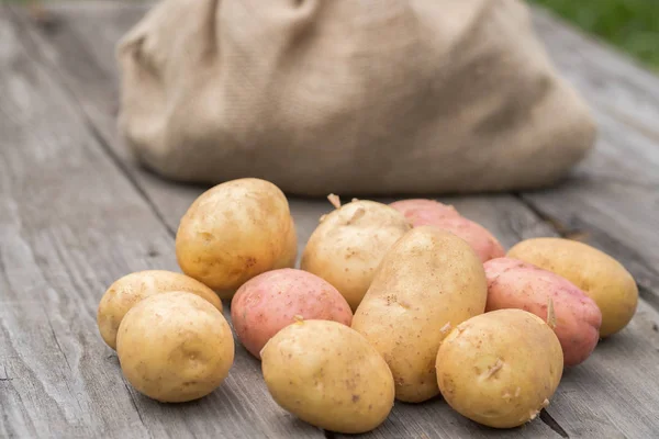 Nahaufnahme Junger Kartoffeln Auf Altem Holztisch Garten Sommer — Stockfoto