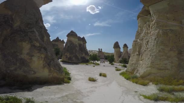 Stone Mushrooms Valley Monks Travelling Cappadocia Turkey — Stock Video