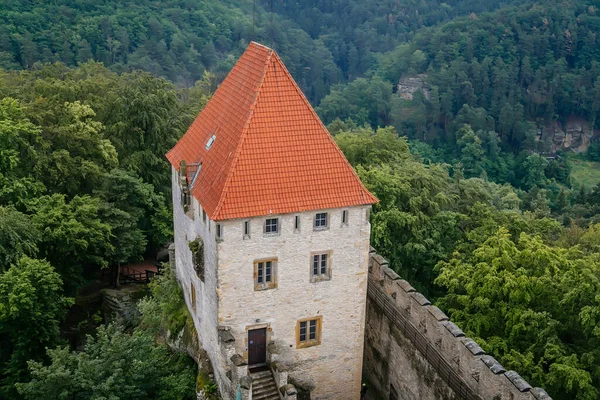 Μεσαιωνικό Κάστρο Kokorin Πέτρινο Πύργο Ένα Ψηλό Λόφο Στο Καταπράσινο — Φωτογραφία Αρχείου