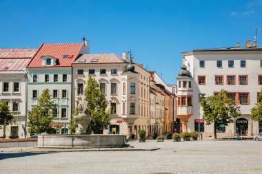Masaryk Meydanı 'ndaki Neptune Çeşmesi, tarihi merkez, Jihlava, Çek Cumhuriyeti. Temmuz 05, 2020
