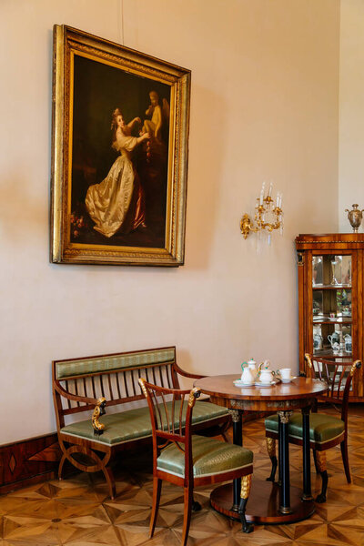 Castle interior. Old tea set. Castle Kacina, Empire Chateau near Kutna Hora, Bohemia, Czech Republic, August 8, 2020