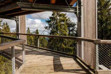 Treetop Walkway (Stezka korunami stromu) güneşli bir günde Lipno nad Vltavou, Güney Bohemya, Çek Cumhuriyeti, 27 Eylül 2020
