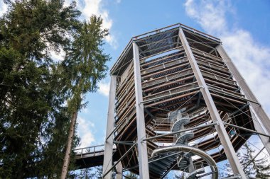 Treetop Walkway (Stezka korunami stromu) güneşli bir günde Lipno nad Vltavou, Güney Bohemya, Çek Cumhuriyeti, 27 Eylül 2020