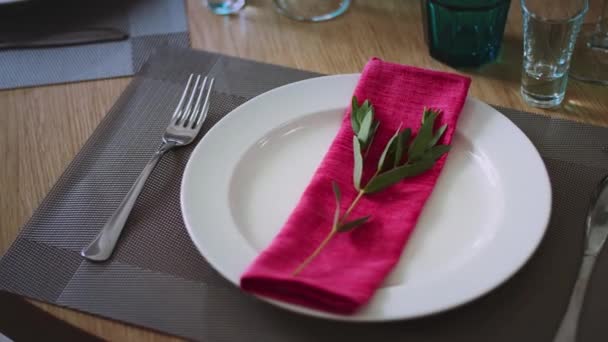 Een plaat omgeven door bestek van wijnglazen en glazen op welke leugens een roze servet met een groen takje — Stockvideo
