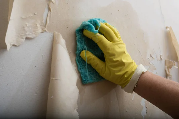 Muur Voorbereiden Schilderen Nieuw Behang Plakken Man Gele Handschoenen Met — Stockfoto