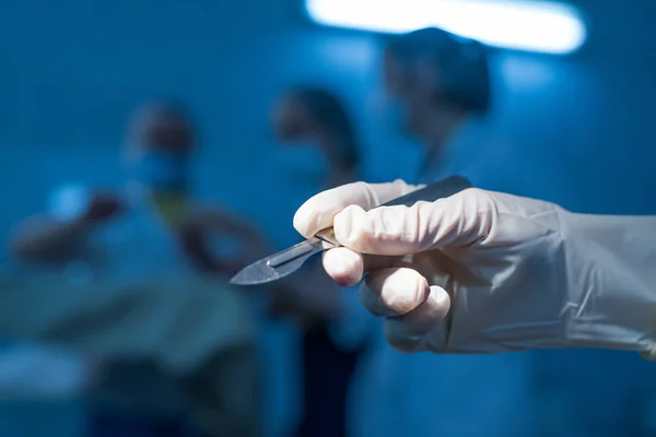 Surgical steel simple shiny scalpel in the surgeon\'s hand against the background of the operation. The faces of the people in the background are unrecognizable in full blur. Conceptual photography. Symbol of surgery,  doctor