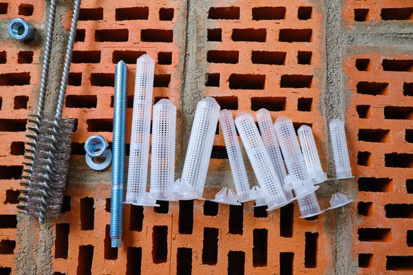 Set of parts for mounting anchors in hollow brick and concrete l — Stock Photo, Image