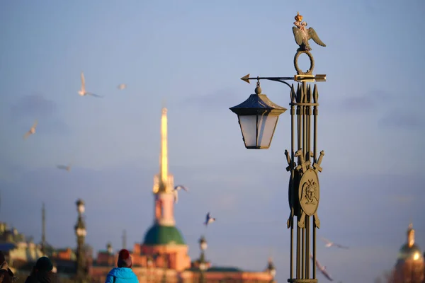 Sculpture is a lantern on Ioanovsky Bridge on a hare island whe — Stock Photo, Image