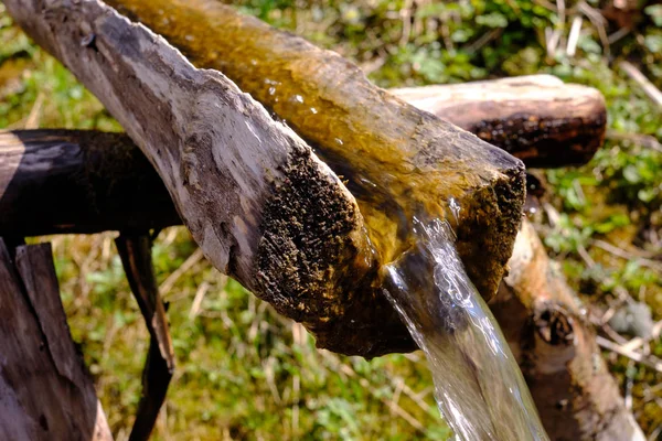 Wooden gutter made of a log stream of cold water in a forest. Eq — Stock Photo, Image