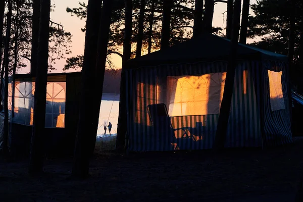 Closed Fabric Tent Shores Gulf Finland Pine Forest Beautifully Illuminated — Stock Photo, Image