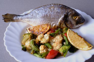 Örnek Restoran Paketi: Fırında Dorado balığı, iki kızarmış limon kamışı, haşlanmış domates, fasulye kabuğu ve beyaz tabakta Brüksel lahanası.
