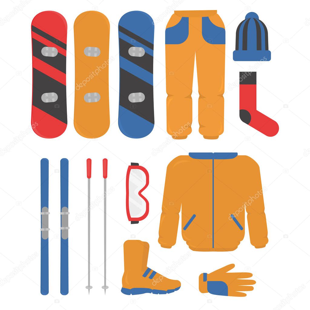 Set of winter sport equipment, skiing and snowboarding. helmet, snowboard, glasses, skii, hat, boots and gloves. ski resort activities
