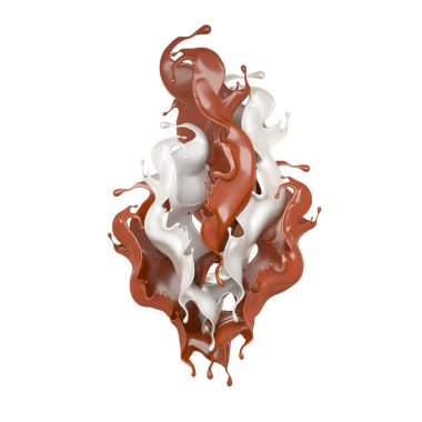 Süt ve çikolata, sıvı. 3d illüstrasyon, 3d canlandırma.