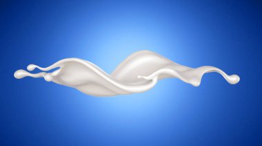 Güzel, zarif bir sütün mavi arka planda sıçraması. 3d illüstrasyon, 3d canlandırma