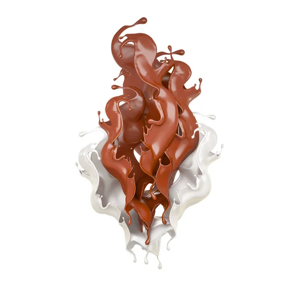 Milch- und Schokoladenspritzer, flüssig. 3D Illustration, 3D Rendering. — Stockfoto