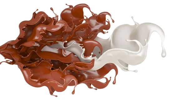 Lait et éclaboussures de chocolat, liquide. Illustration 3d, rendu 3d . — Photo
