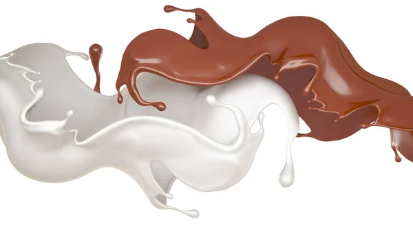 Lait et éclaboussures de chocolat, liquide. Illustration 3d, rendu 3d . — Photo