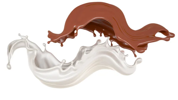 Γάλα και σοκολάτα, υγρό. 3D απεικόνιση, 3d απόδοση. — Φωτογραφία Αρχείου