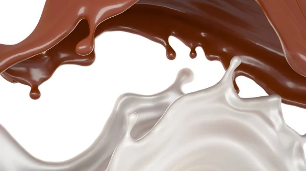 Milk and chocolate splash, liquid. 3d illustration, 3d rendering.