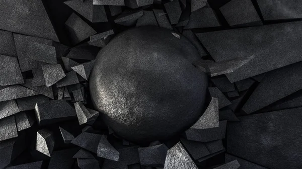 Black background with a stone explosion and a circle. 3d illustration, 3d rendering — Stock Photo, Image