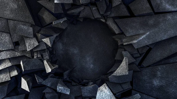 Fondo negro con una explosión de piedra y un círculo. Ilustración 3d, representación 3d — Foto de Stock