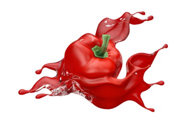 Kırmızı arka planda yalıtılmış kırmızı biber ve biraz ketçap, sos, meyve suyu. 3d illüstrasyon, 3d canlandırma.