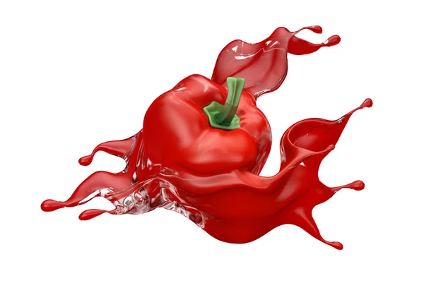 Vörös háttér izolált paprika és fröccsenő ketchup, szósz, gyümölcslé. 3D illusztráció, 3D-s renderelés. — Stock Fotó