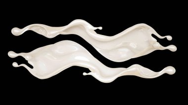 Siyah arka planda kalın beyaz bir sıvı sıçradı. 3d illüstrasyon, 3d canlandırma.