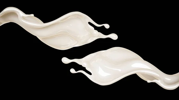 Stänk av tjock vit vätska på en svart bakgrund. 3D-illustration, 3D-återgivning. — Stockfoto
