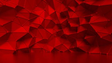 Üçgenleri ve kristalleri olan zarif kırmızı bir zemin. 3d illüstrasyon, 3d canlandırma.